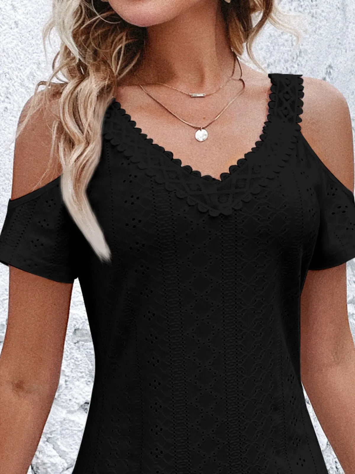 Cold Shoulder Short Sleeve Eyelet Mini Dress - Ladyez