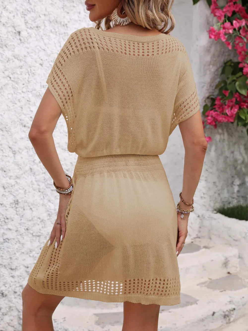 Openwork V-Neck Short Sleeve Cover-Up Dress - Ladyez