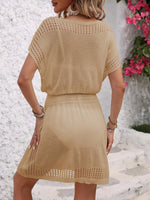 Openwork V-Neck Short Sleeve Cover-Up Dress - Ladyez