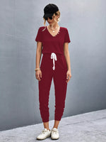 Casual V-Neck Short Sleeve Drawstring Waist Jumpsuit