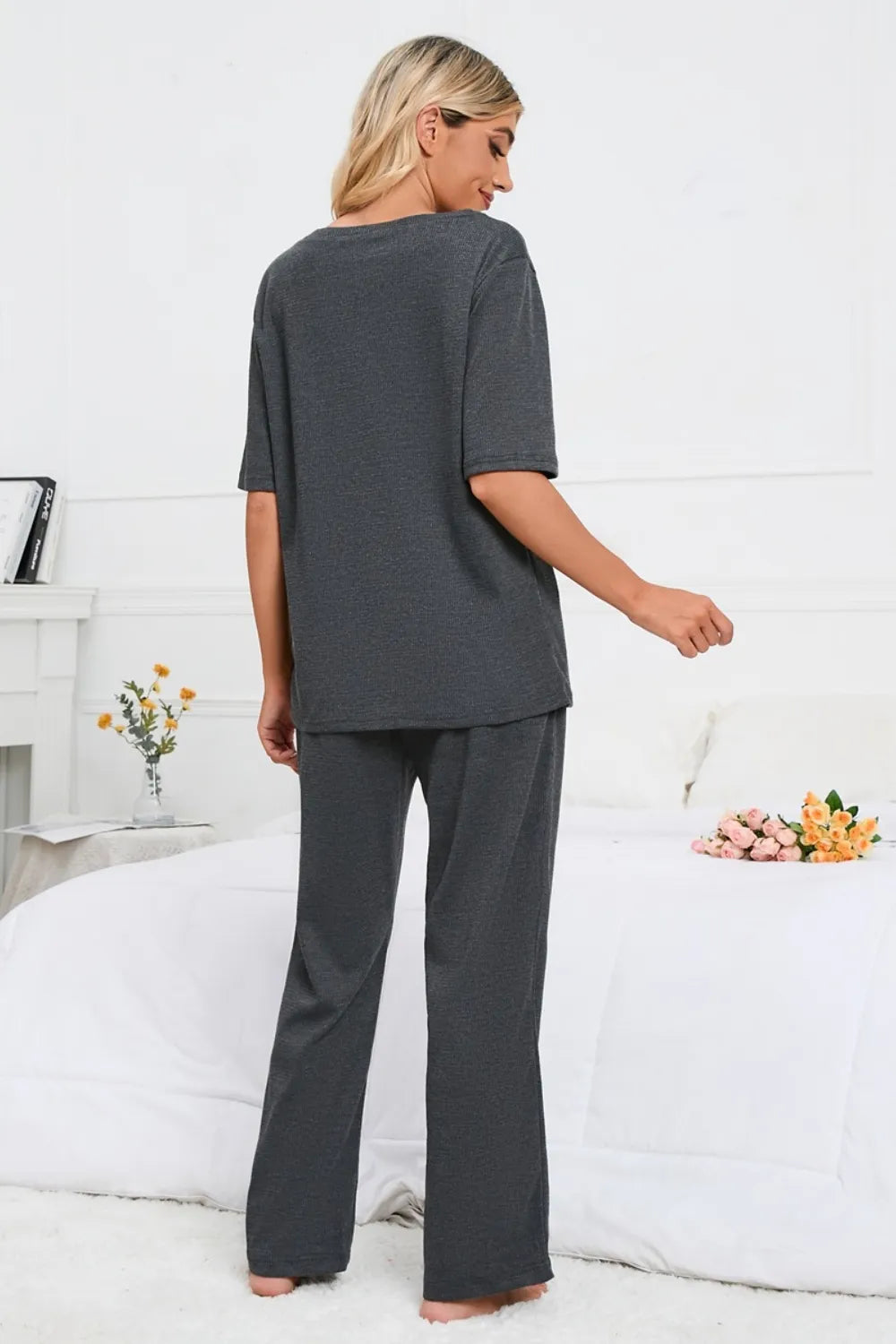 Slit Round Neck Top and Pants Lounge Set - Ladyez