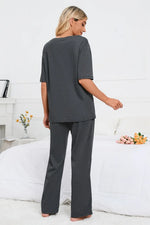 Slit Round Neck Top and Pants Lounge Set - Ladyez