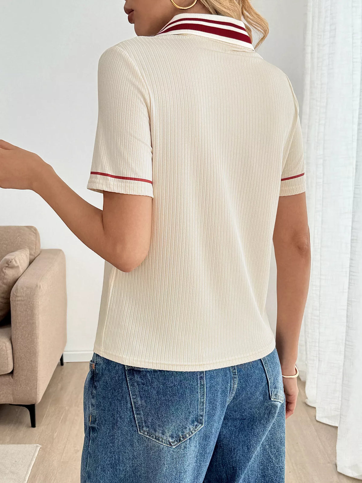 Striped Trim Short Sleeve Top