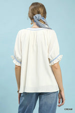Umgee Textured Split Neck Puff Sleeve Top