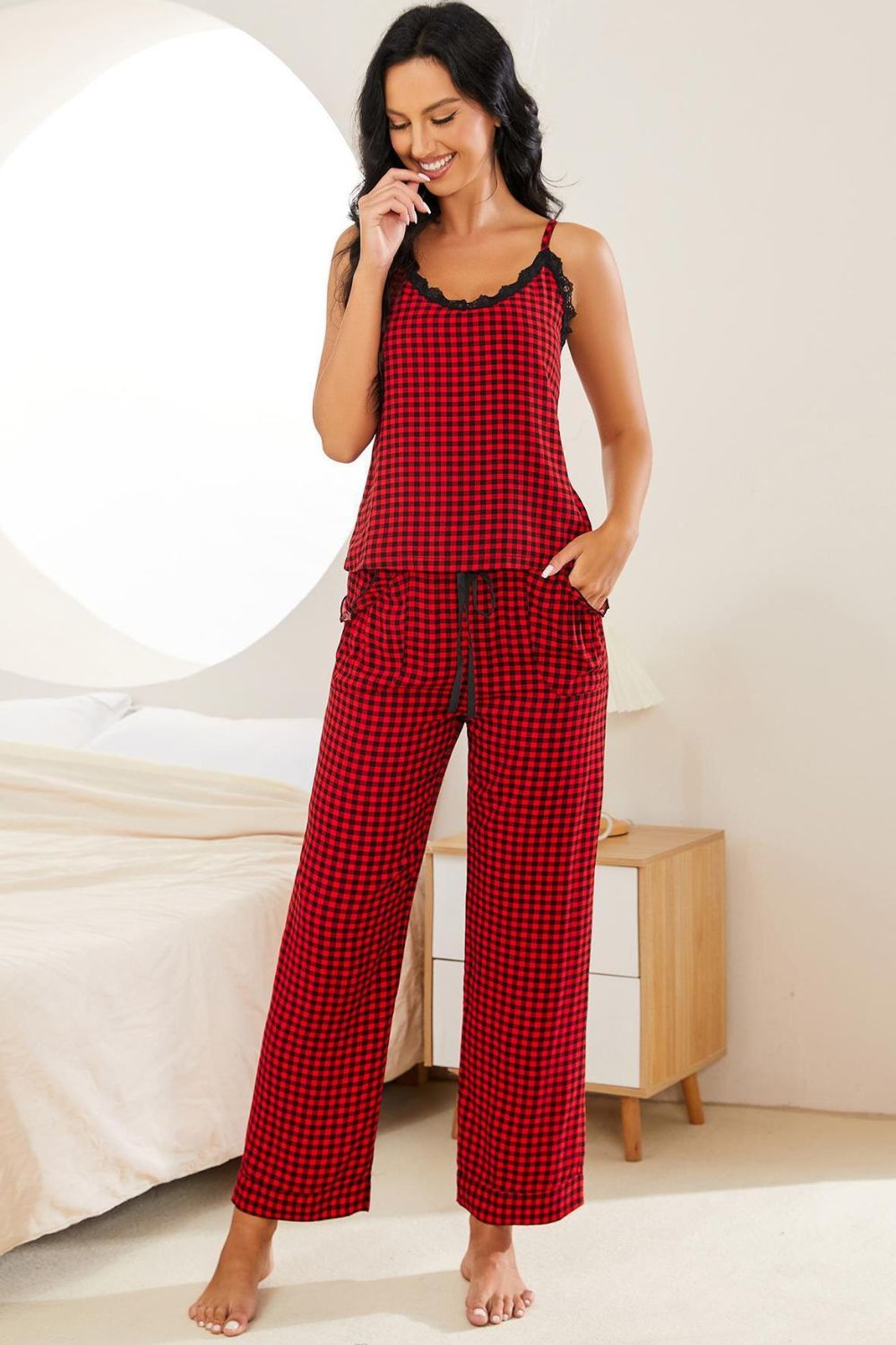 Plaid Lace Trim Cami and Drawstring Pants Pajama Set - Ladyez