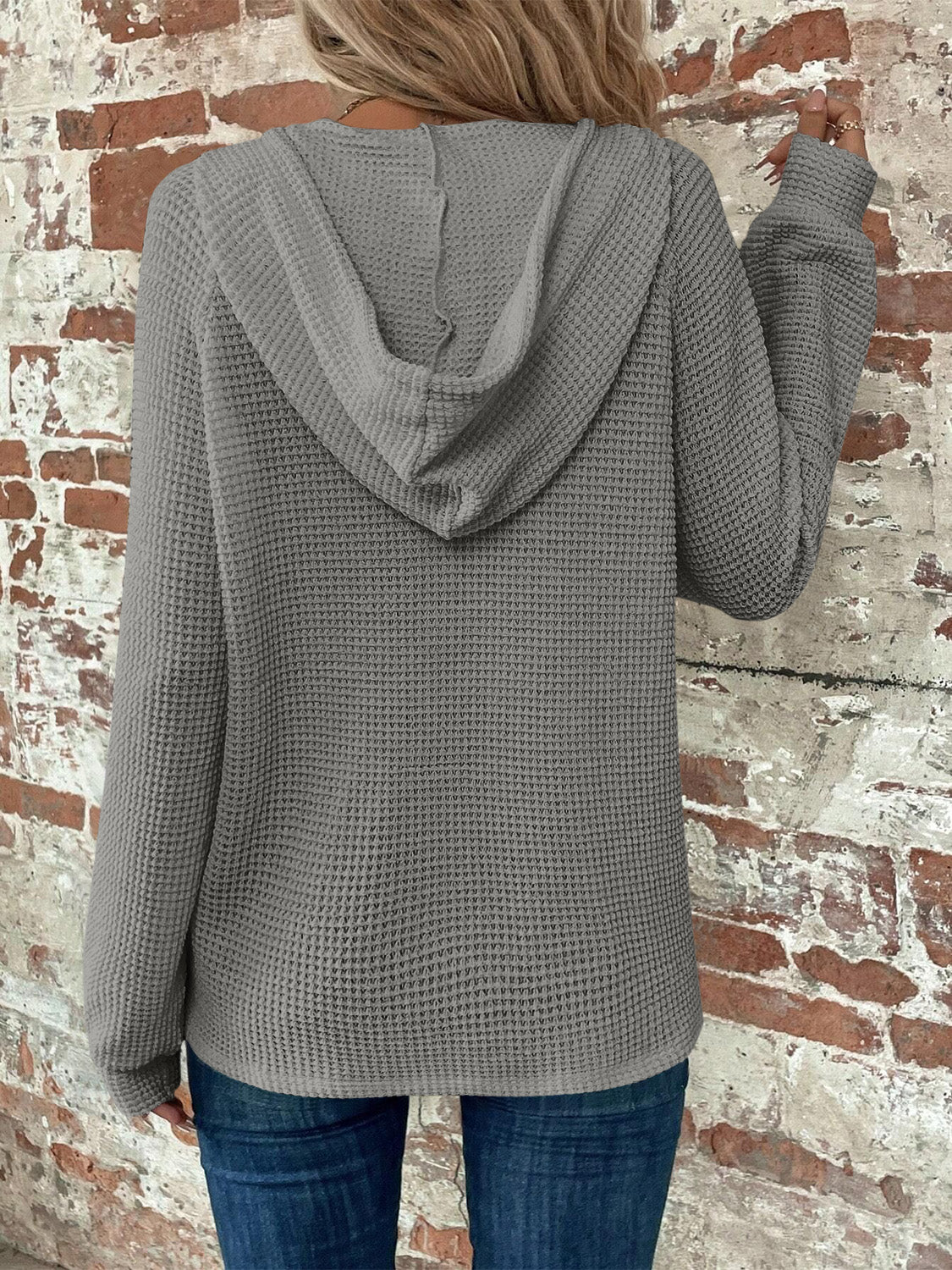 Waffle Knit Long Sleeve Drawstring Hooded Top - Ladyez