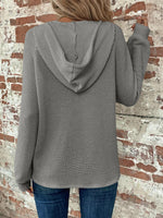 Waffle Knit Long Sleeve Drawstring Hooded Top - Ladyez