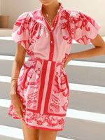 Puff Sleeve Printed Top and Zip Back Skirt Set - Ladyez