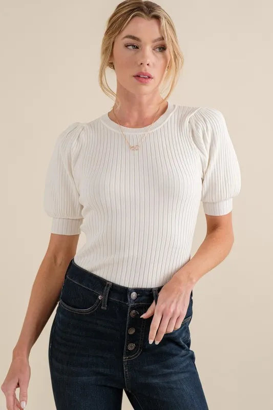 And The Why Puffed Half Sleeve Rib Basic Bodysuit - Ladyez