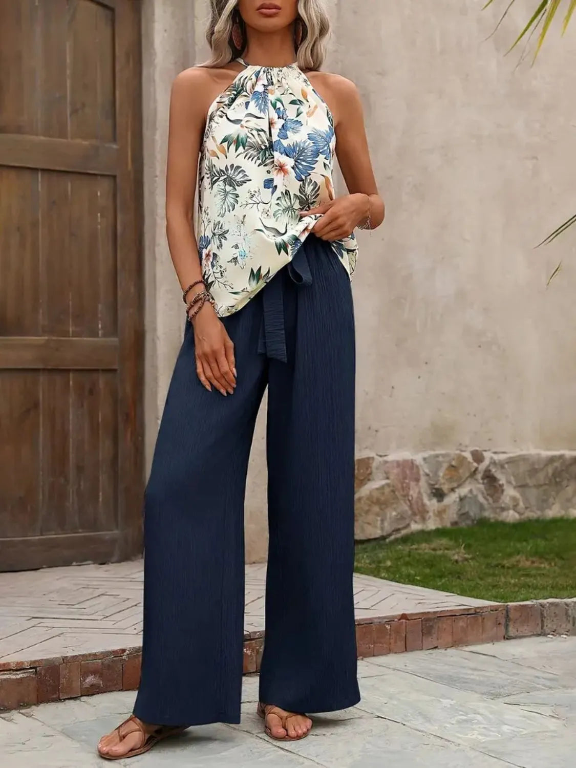 Printed Tank Top and Wide Leg Pants Set - Ladyez
