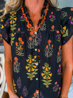 Floral Print Lace Trim Frilled V Neck Short Sleeve Shirt