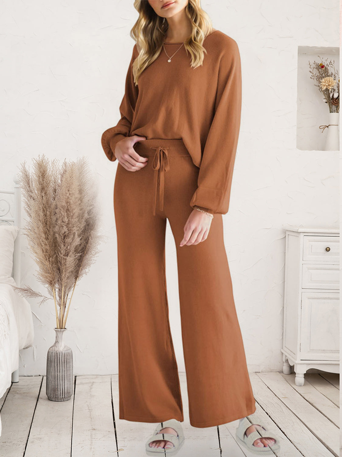 Long Sleeve Lounge Top and Drawstring Pants Set - Ladyez