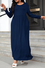 Plus Size Round Neck Long Sleeve Maxi Dress with Pockets - Ladyez