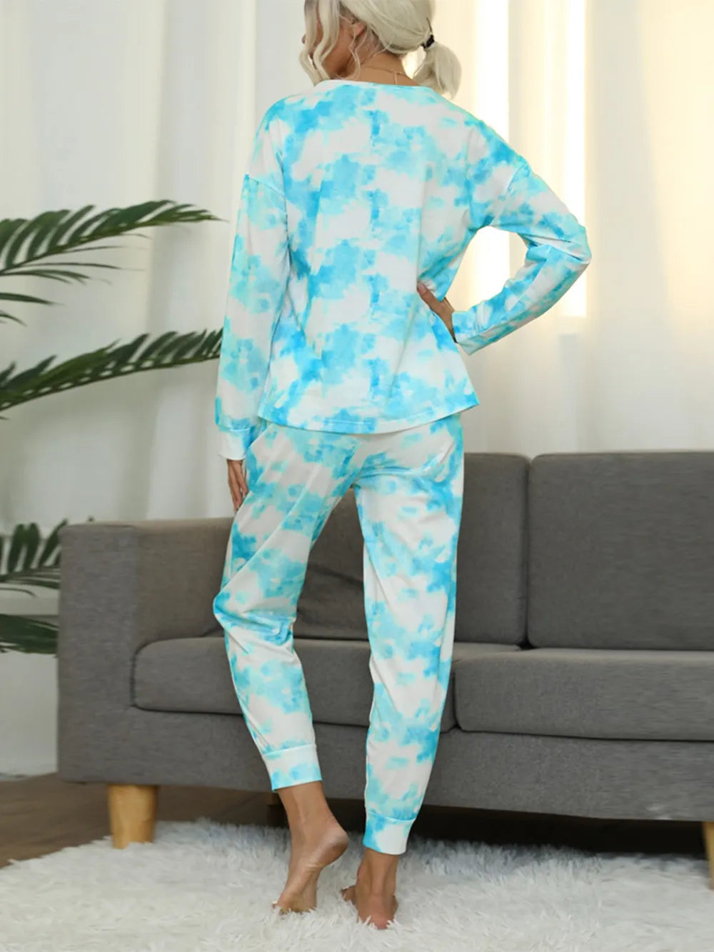 Shiny Tie-Dye Round Neck Top and Pants Lounge Set - Ladyez