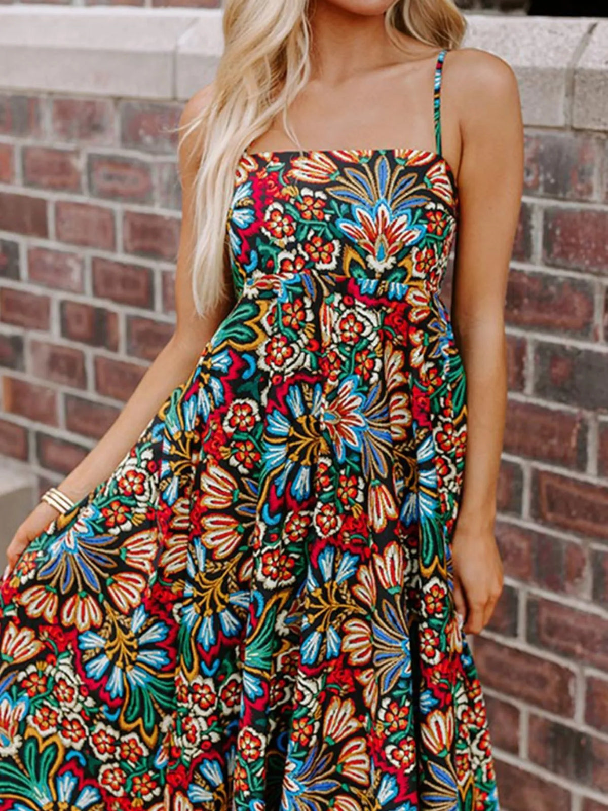 Floral Print Thin Straps High Waist Maxi Dress - Ladyez