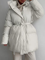 Mid-Length Thickened Hooded Winter Coat with Belted