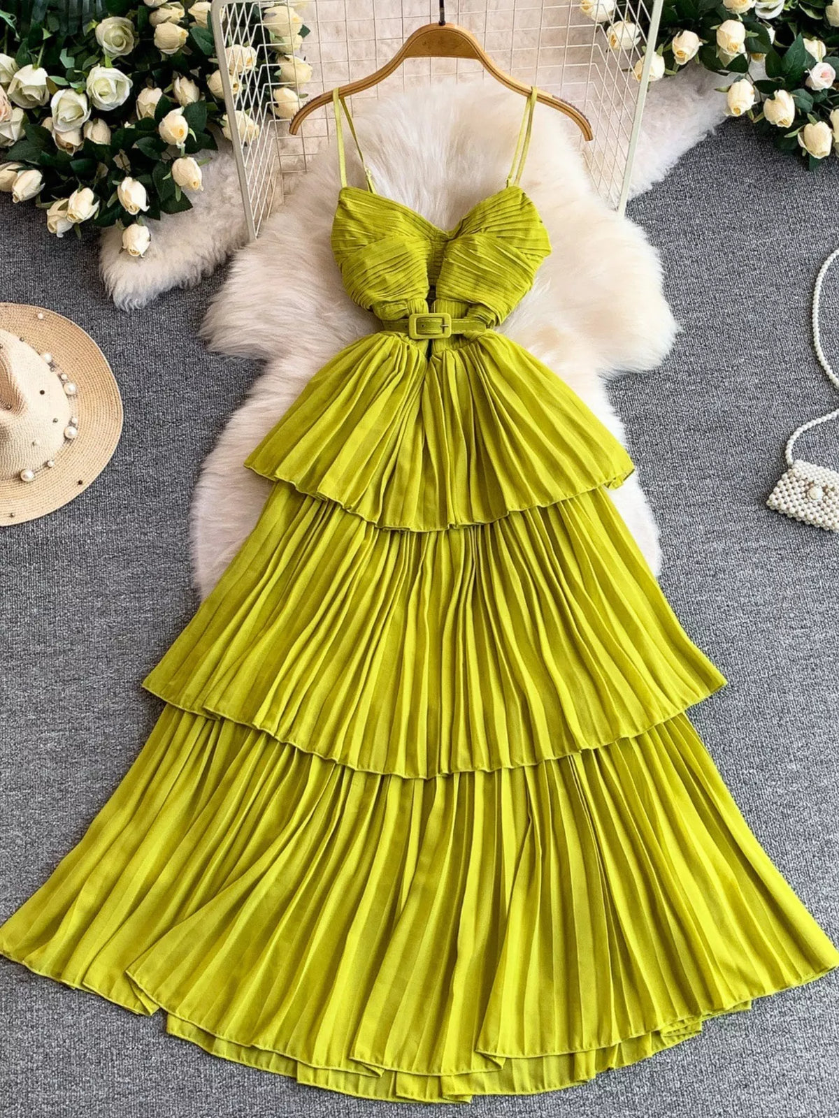 Pleated Layered Spaghetti Strap Midi Dress