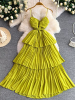 Pleated Layered Spaghetti Strap Midi Dress