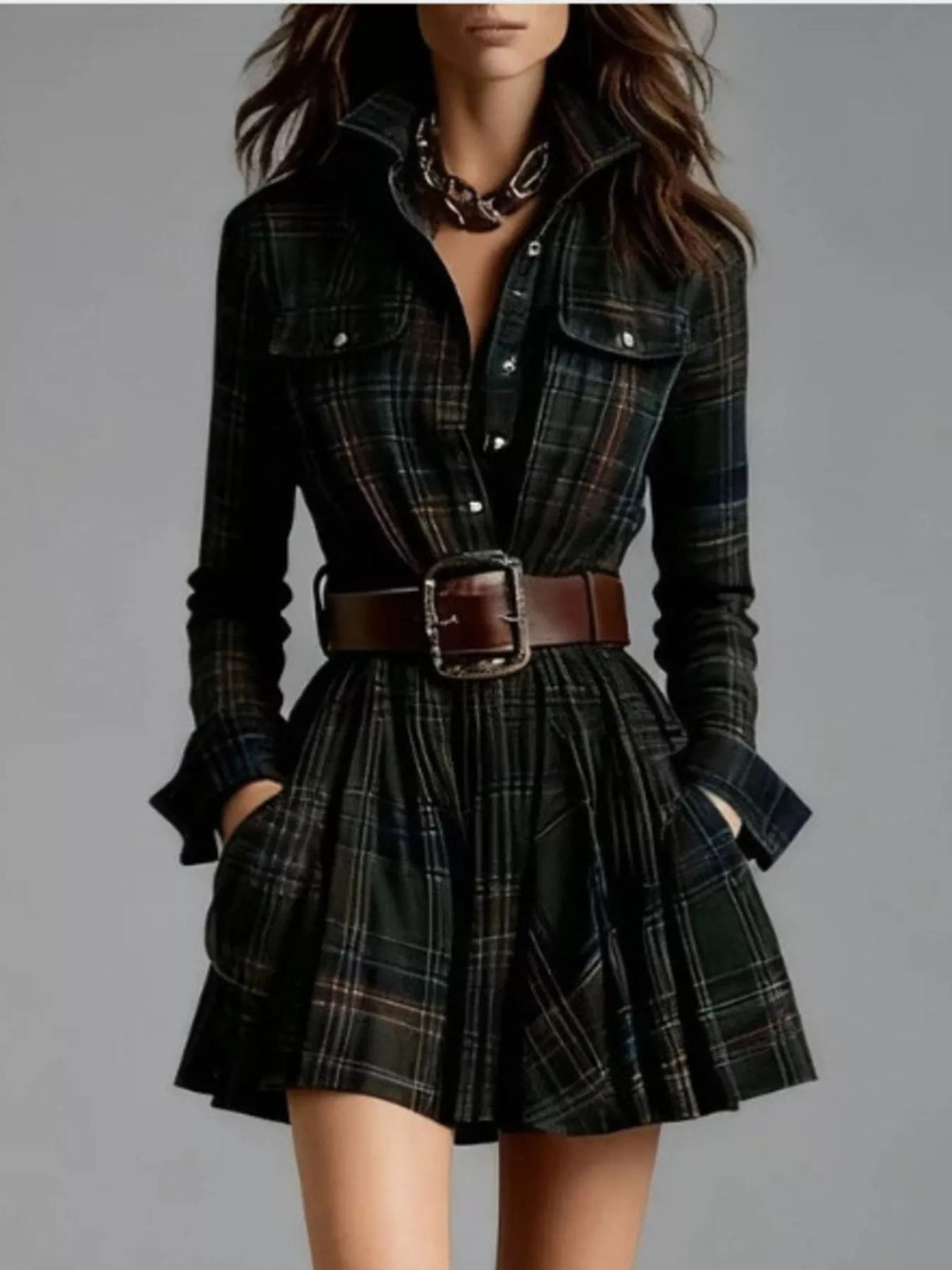 Button Front Long Sleeve Shirt Dress