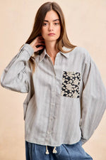 BiBi Flower Jacquard Knit Patch Pocket Stripe Shirt