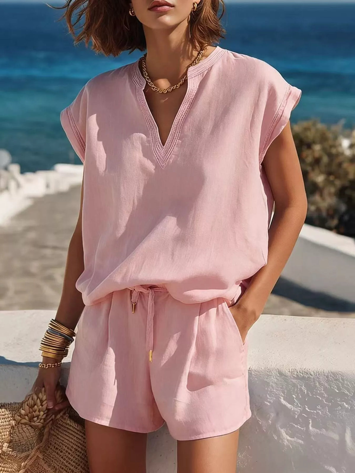 Full Size Notched Cap Sleeve Top and Shorts Set Plus Size
