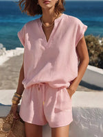 Full Size Notched Cap Sleeve Top and Shorts Set Plus Size