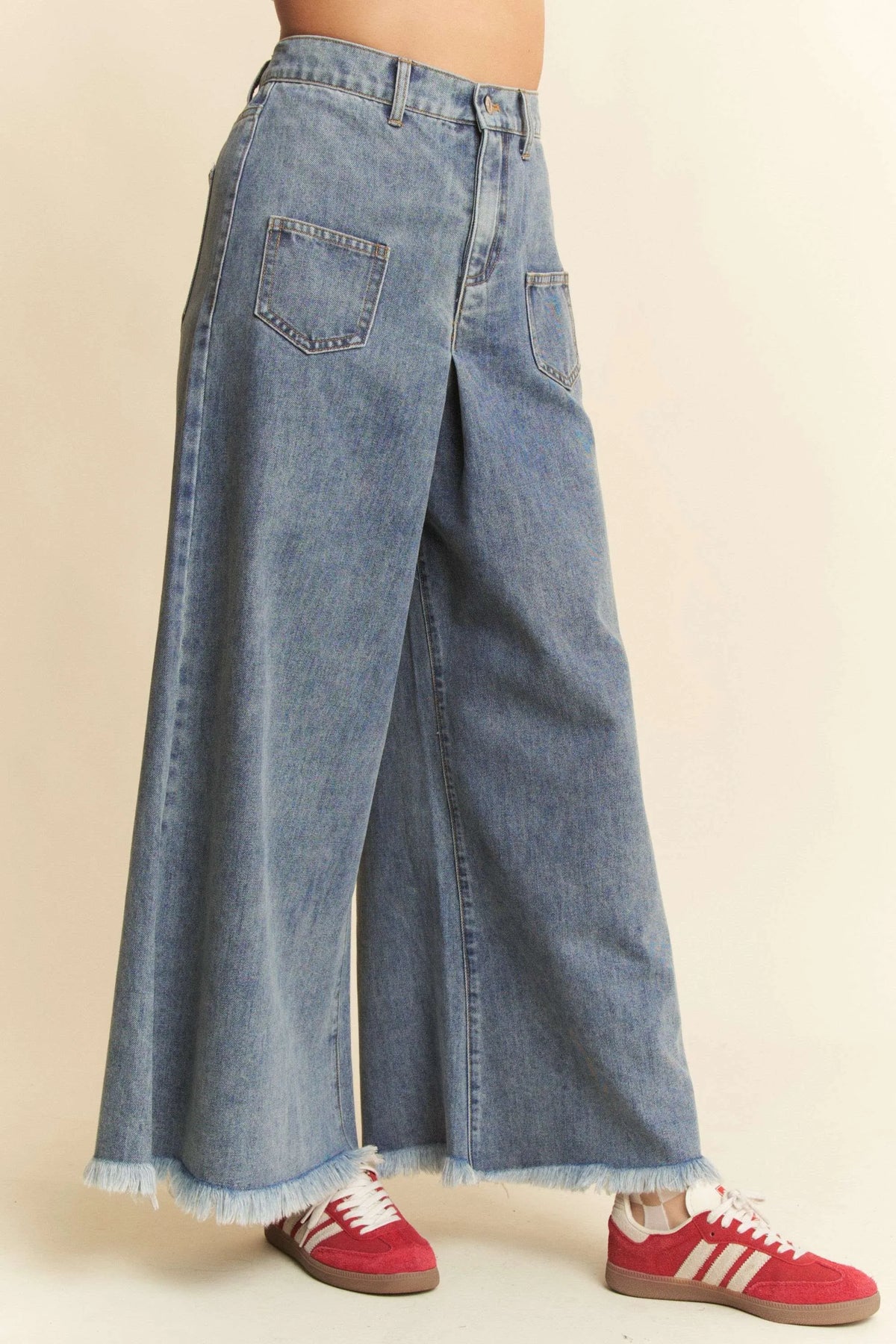Davi & Dani Patch Pocket Wide Leg Culotte Jeans - Ladyez