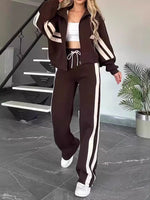 Full Size Contrast Stripe Zip Up Jacket and Pants Set Plus Size