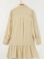 Stripe Collared Neck Cuffed Long Sleeve Drop Waist Mini Dress