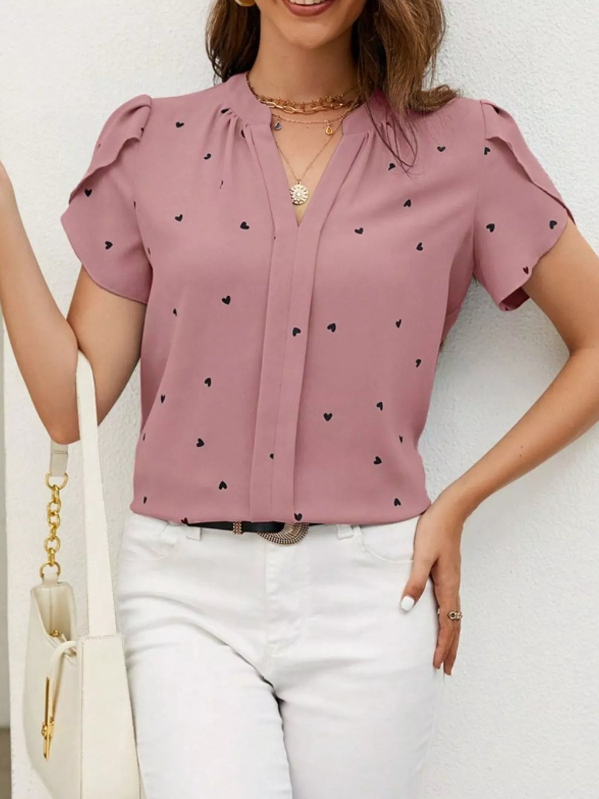 Heart Print Petal Sleeve Blouse
