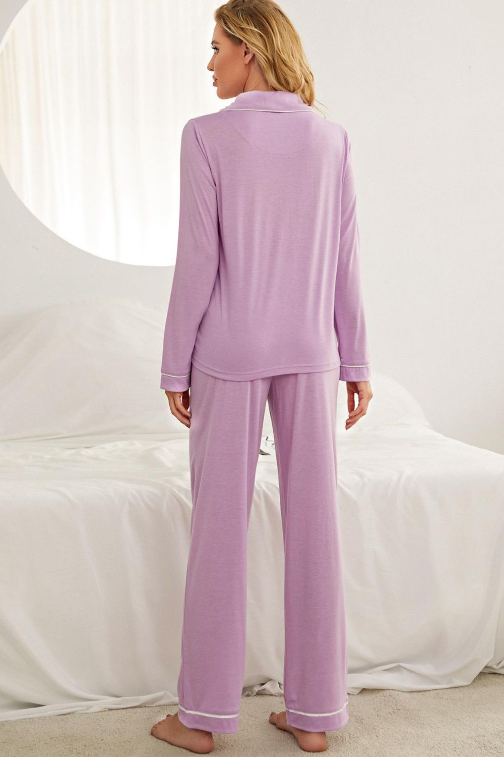 Contrast Piping Button Down Top and Pants Loungewear Set - Ladyez