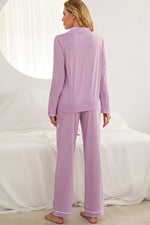 Contrast Piping Button Down Top and Pants Loungewear Set - Ladyez