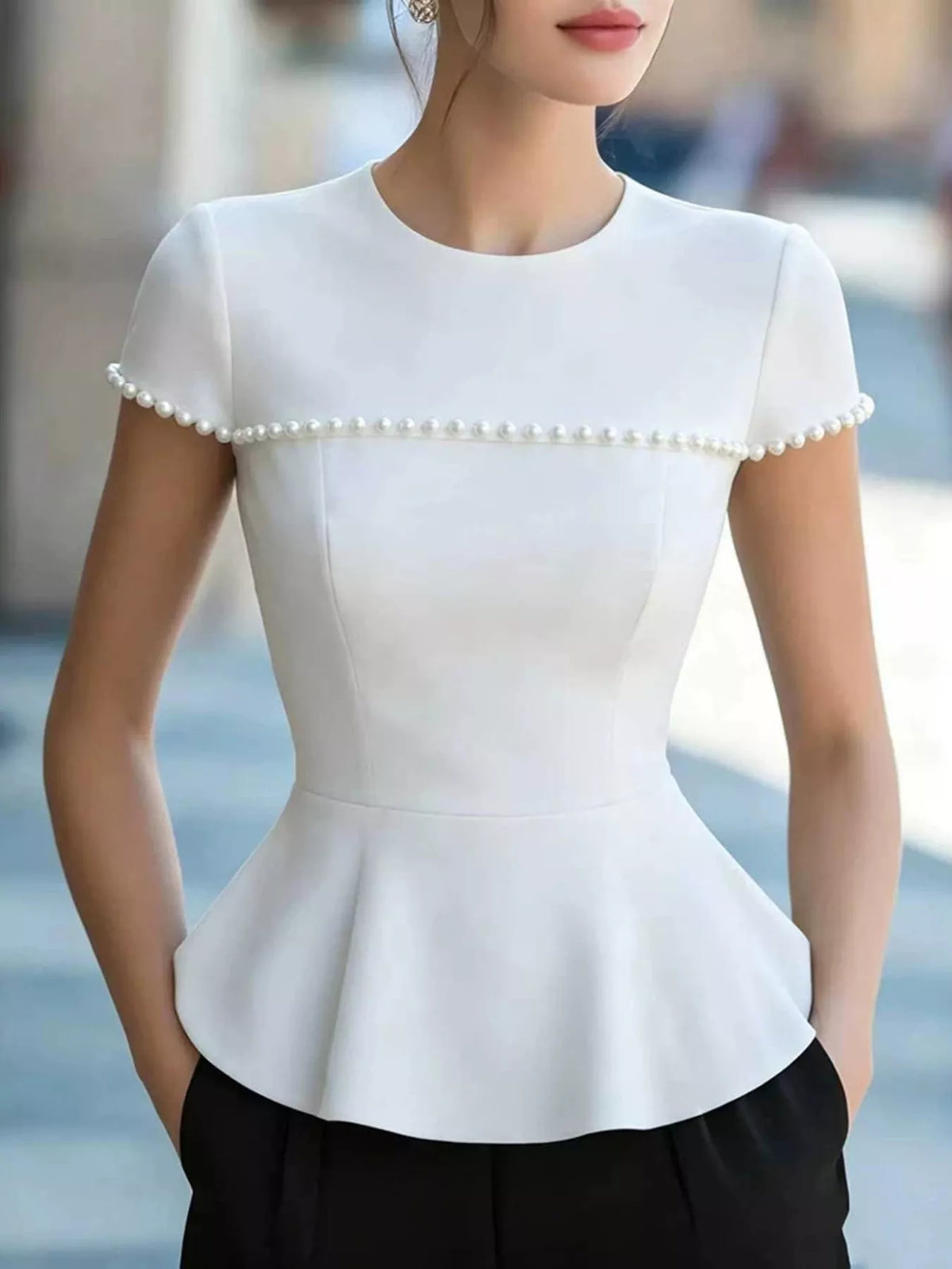 Pearl Embellished Peplum T-Shirt