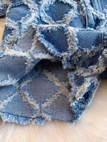 Distressed Diamond Pattern Jacket and Shorts Denim Set