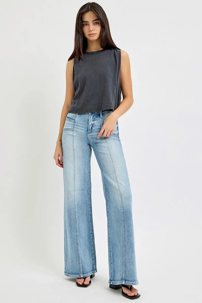 RISEN Full Size Mid Rise Wide Jeans with Front Patch Pocket Plus Size - Ladyez