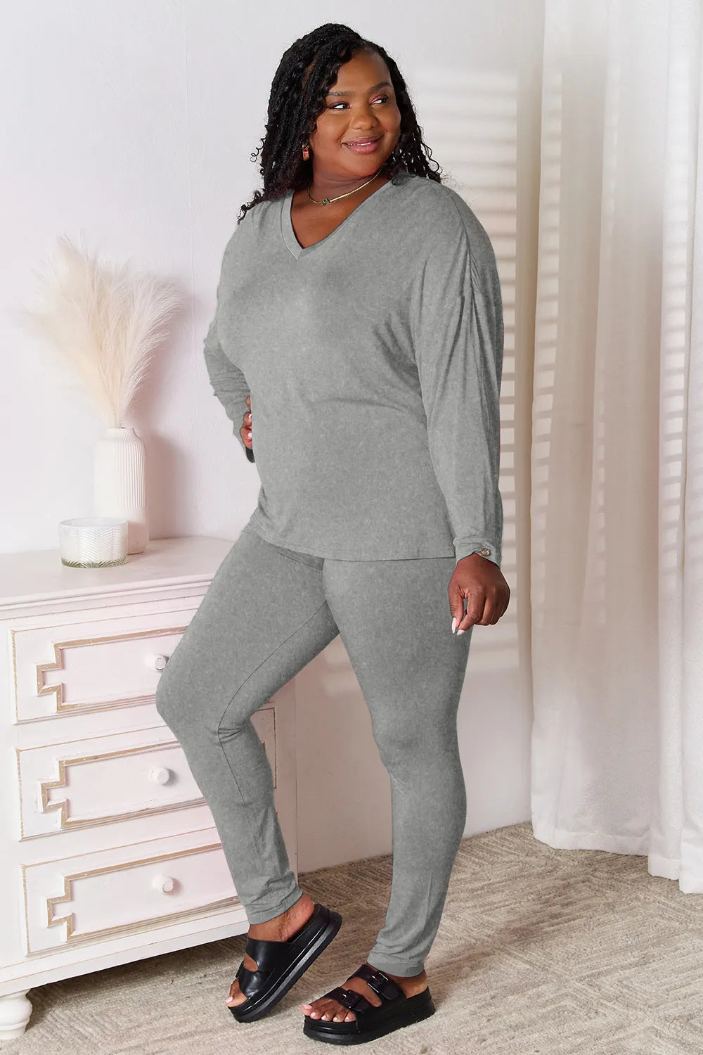 Basic Bae Bamboo Full Size V-Neck Long Sleeve Top and Pants Lounge Set - Ladyez