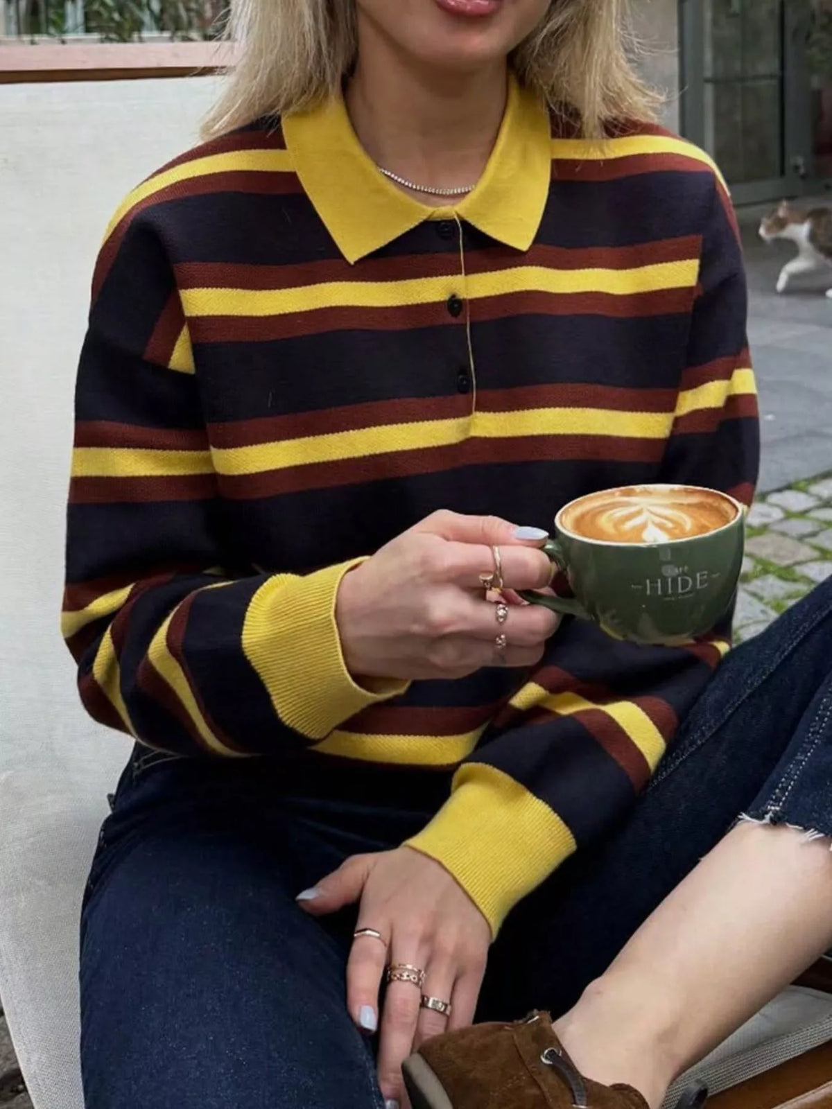 Striped Polo Collar Knit Sweater