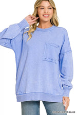 Zenana Acid Wash Raw Edge French Terry Sweatshirt with Front Pocket
