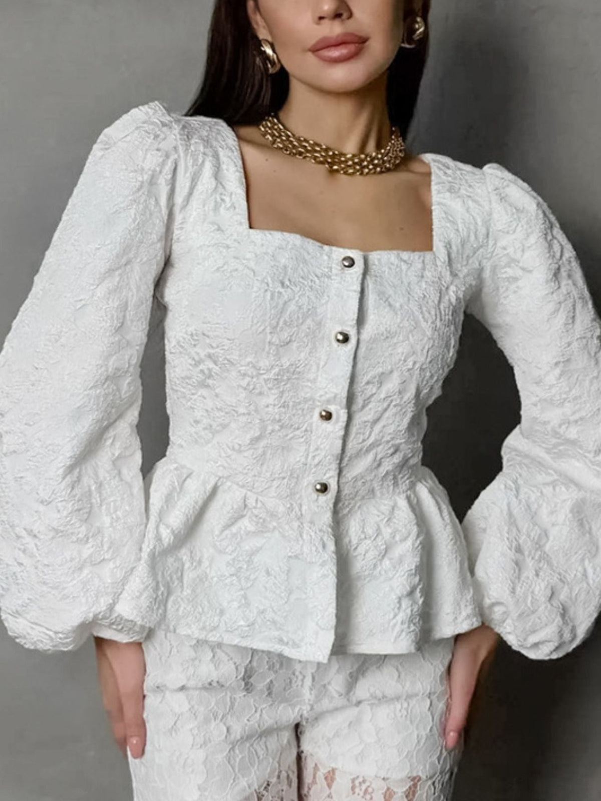 Textured Square Neck Balloon Sleeve Shirt