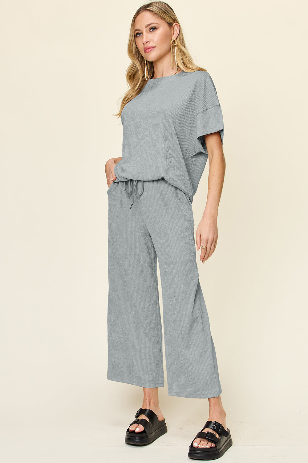 Double Take Full Size Texture Round Neck Short Sleeve T-Shirt and Wide Leg Pants - Ladyez