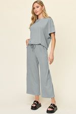 Double Take Full Size Texture Round Neck Short Sleeve T-Shirt and Wide Leg Pants - Ladyez