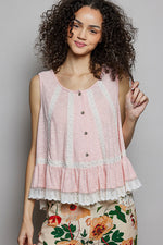 POL Lace Trim Ruffle Hem Button Detail Round Neck Sleeveless Top