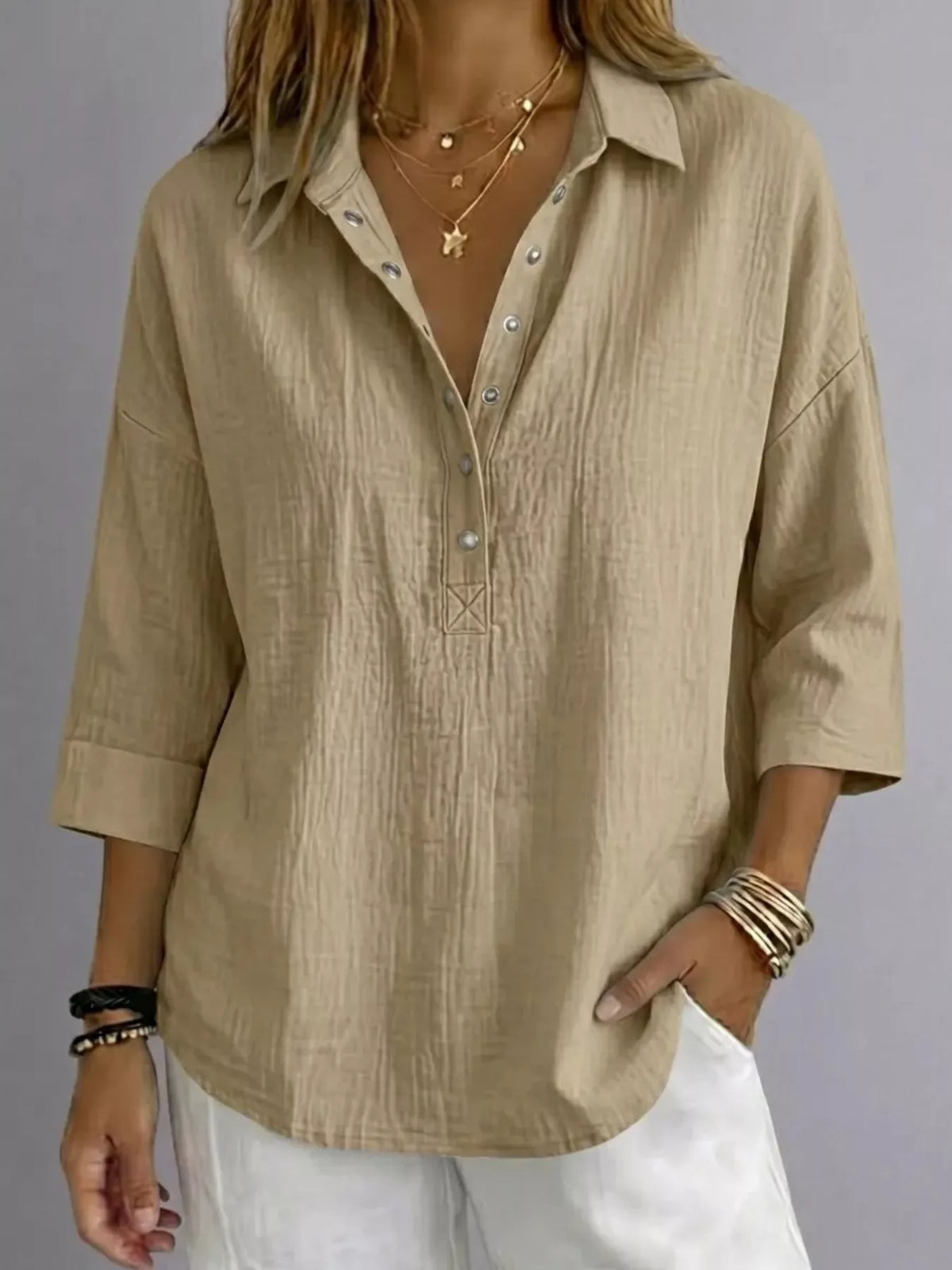 Full Size Snap Down 3/4 Sleeves Blouse Plus Size