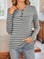 Lovelet Quarter Button Striped Round Neck Long Sleeve T-Shirt - Ladyez