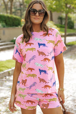 Animal Round Neck Top and Shorts Lounge Set - Ladyez