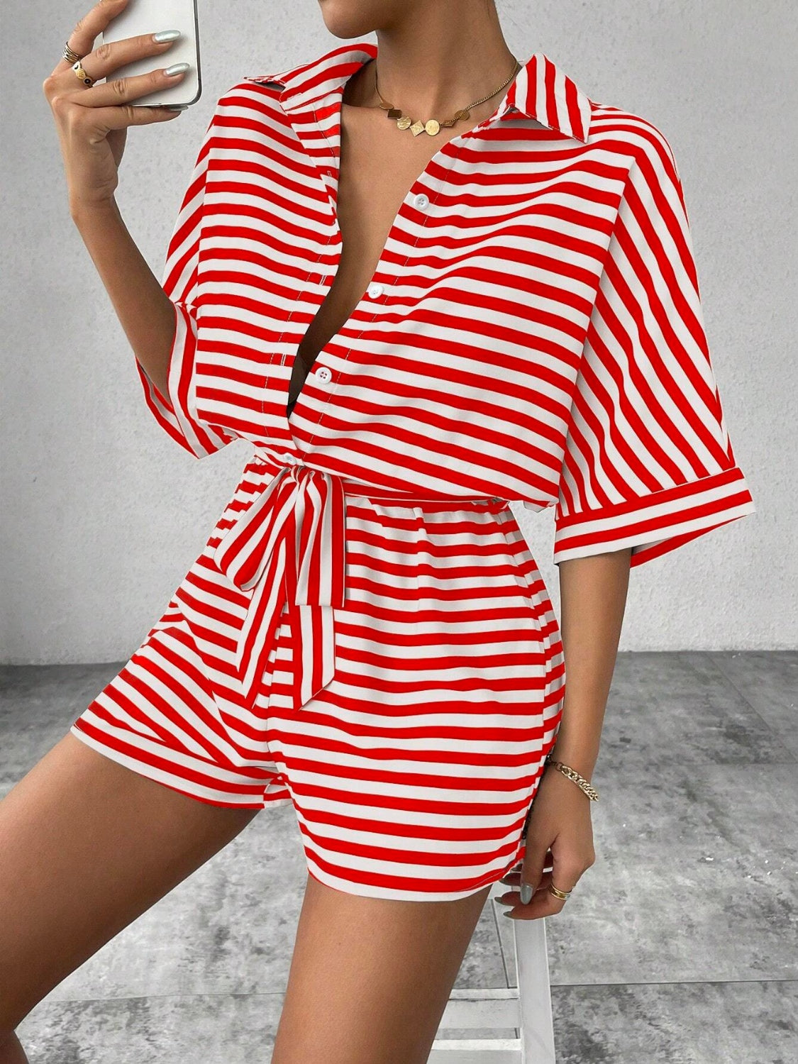 Tie Waist Half Button Striped Romper - Ladyez
