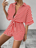Tie Waist Half Button Striped Romper - Ladyez