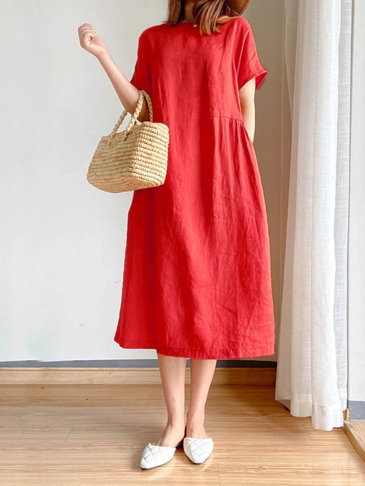 Full Size Casual Round Neck Midi Dress Plus Size - Ladyez