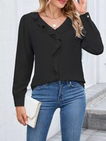 Ruffled V-Neck Long Sleeve Blouse
