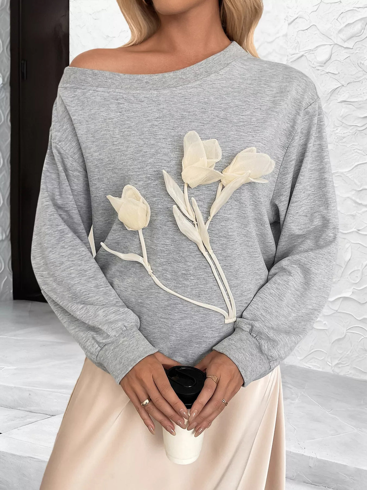 Floral Applique Boat Neck Sweatshirt